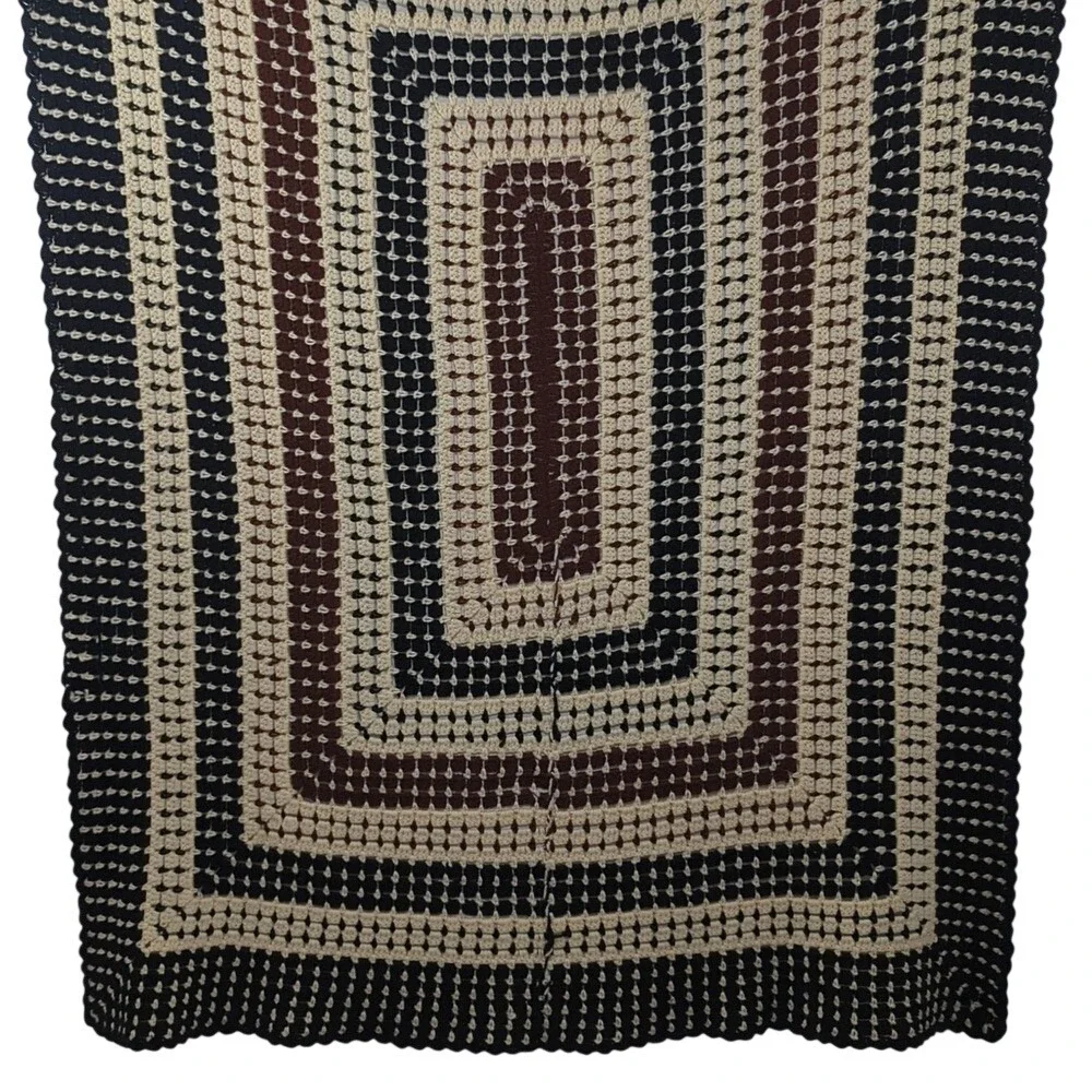 Vintage Handmade Crochet Afghan Granny Square Blanket in Black Cream Brown Cozy‎